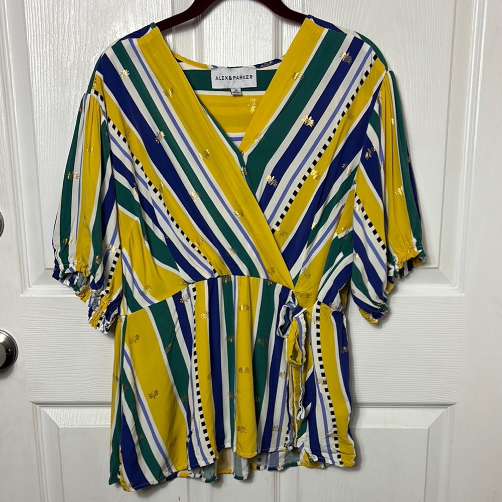 Alex & Parker yellow striped faux wrap blouse puff sleeve size 1X gold accents